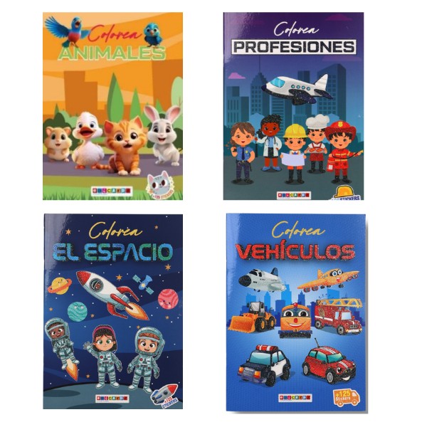 COLECCION COLOREA 4 TITULOS ANIMALES, ESPACIO, PROFESIONES Y VEHICULOS