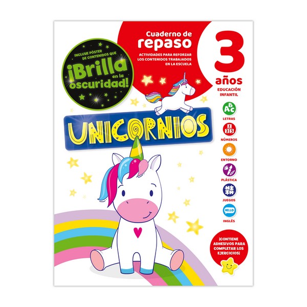 CUADERNO DE REPASO UNICORNIOS LUMINISCENTE 3 AÑOS
